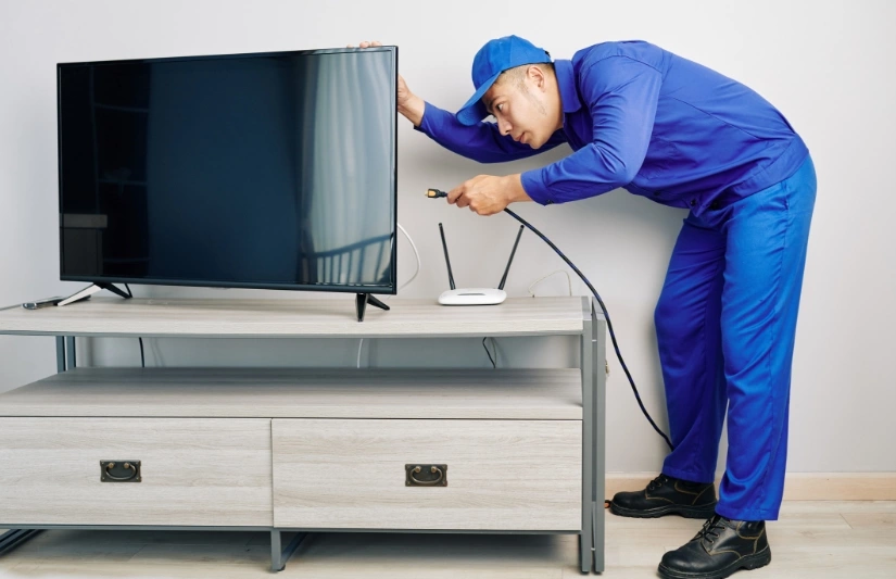 Pracownik podłącza kabel do telewizora